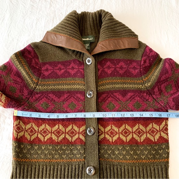 Eddie Bauer Olive Green, Burgundy & Rust Fair Isle Cardigan Sweater - Picture 7 of 10
